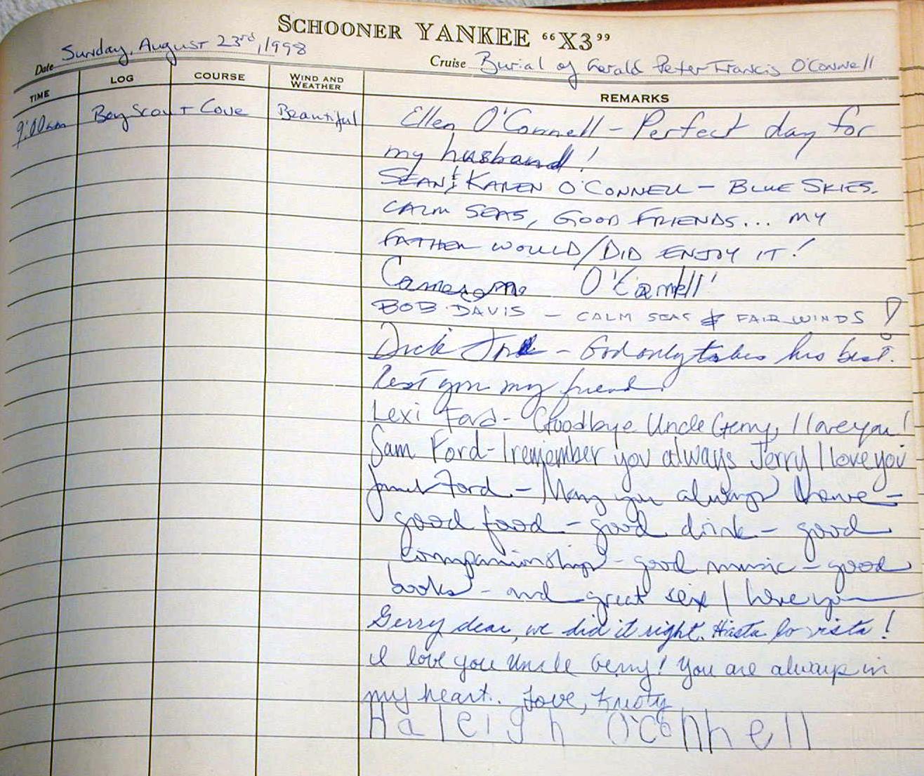 The final page of Yankee's logbook, 1998