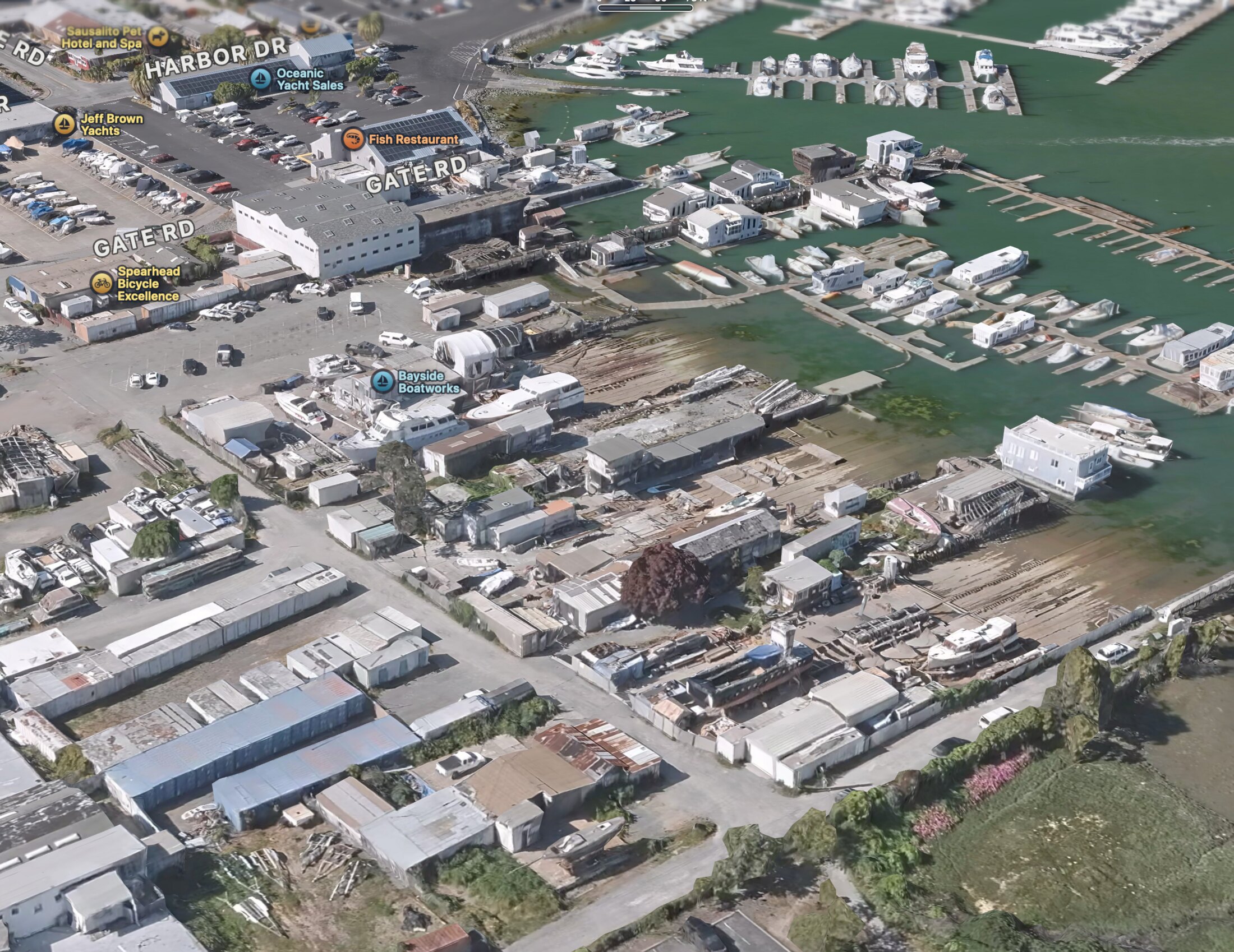 Aerial view of Richardson Bay Boatworks on the Sausalito waterfront