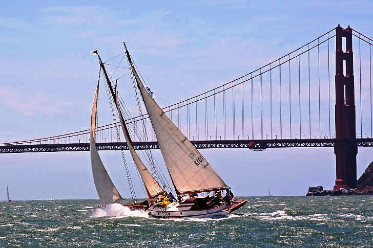 Yankee sailing past the Golden Gate Bridge