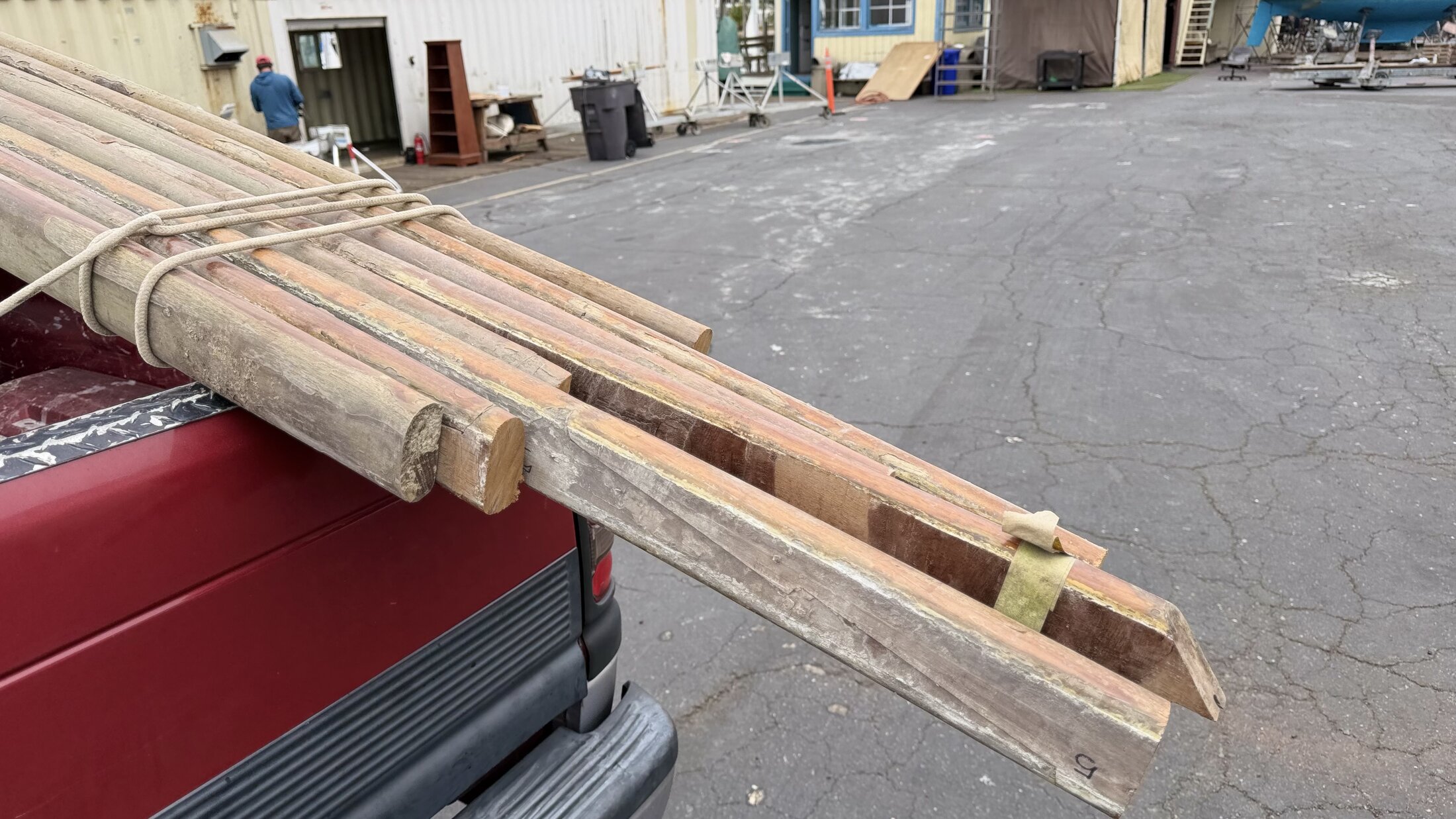 Yankee's cap rails tied down on a truck rack for the move to the yard