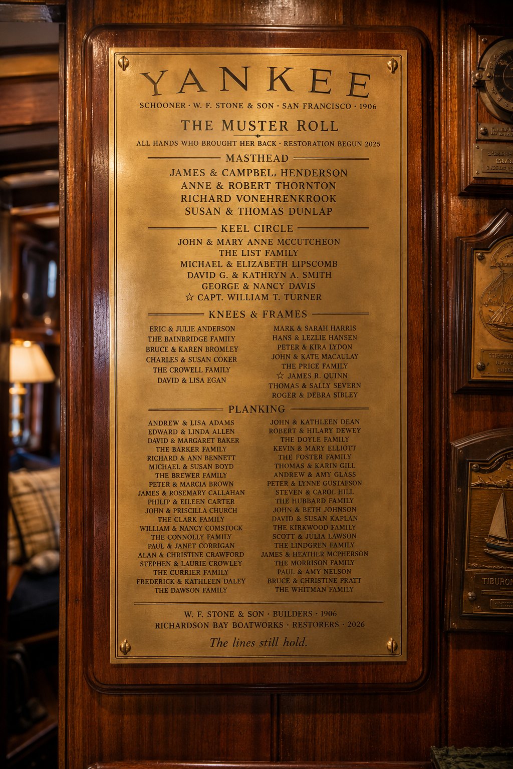 Artist's depiction of the engraved brass plaque mounted among trophies in Yankee's saloon