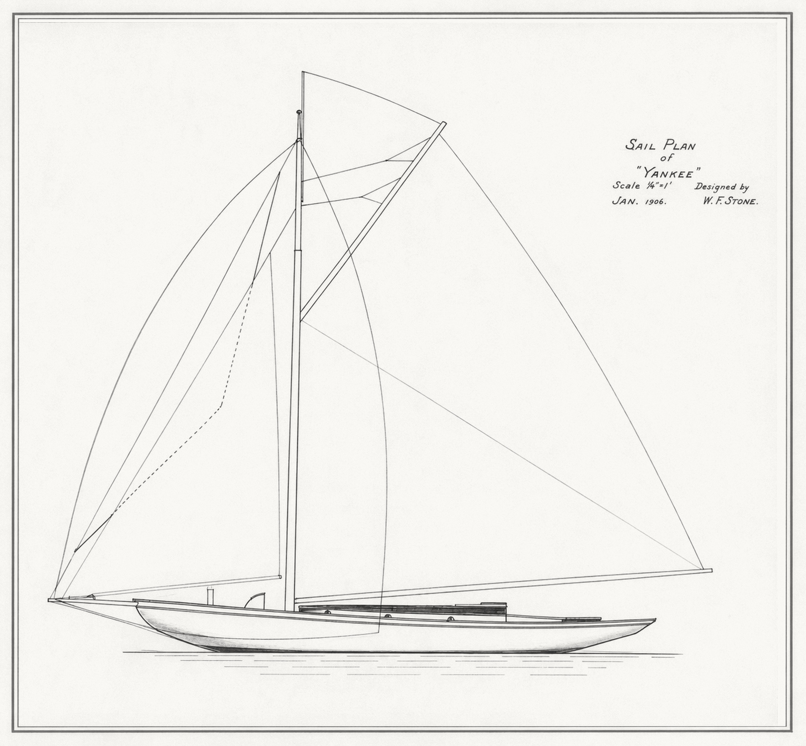 Sail plan of Yankee dated January 1906, showing her original gaff sloop rig, drawn by Lester Stone