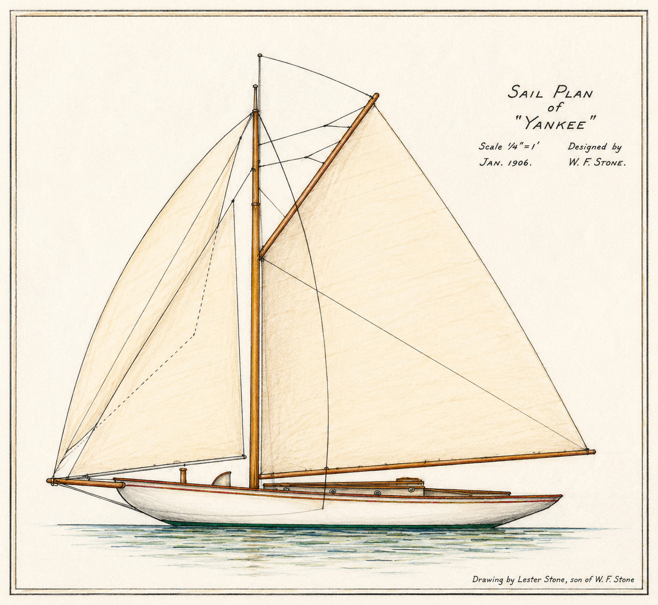 Sail plan of Yankee dated January 1906, showing her original gaff sloop rig, drawn by Lester Stone