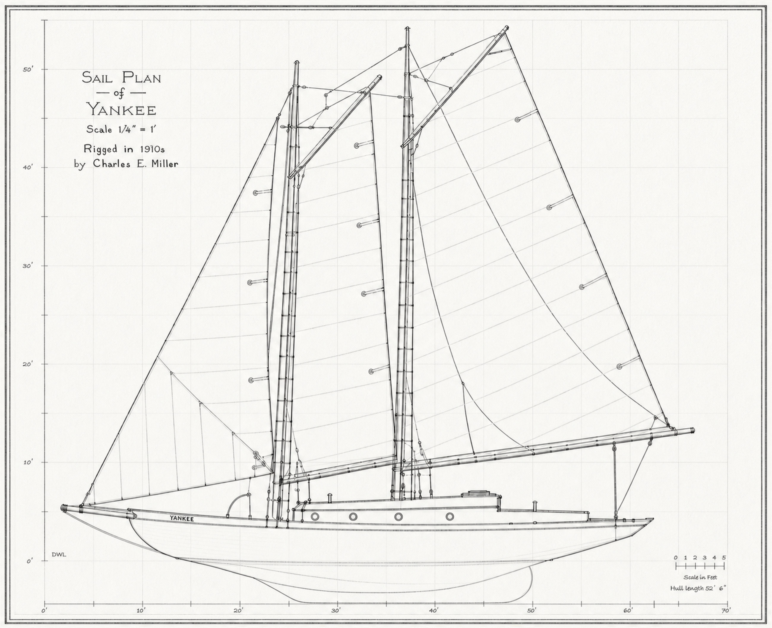 Sail plan of Yankee: the gaff schooner rig in profile, as rigged in the 1910s by Charles E. Miller