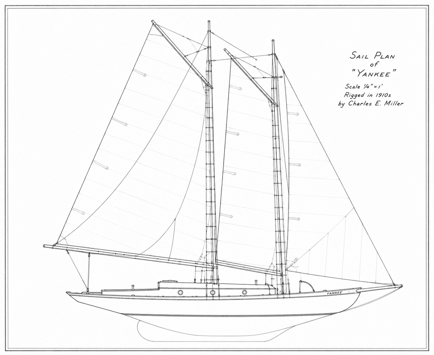 Charles Miller's schooner re-rig drawing of Yankee, black and white